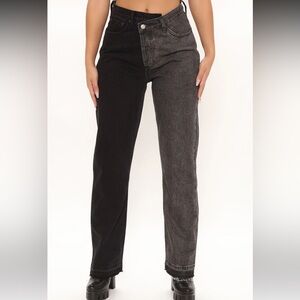 Crossover Two Tone Straight Leg Jeans- Black